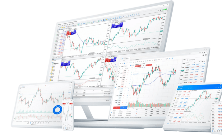 trading platform on different devices, smartphone, tablet, 4 monitors